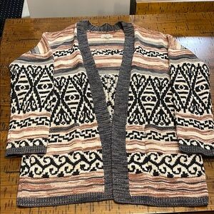 Lucky Brand Black and Cream Cardigan Sweater with Geometric Pattern
